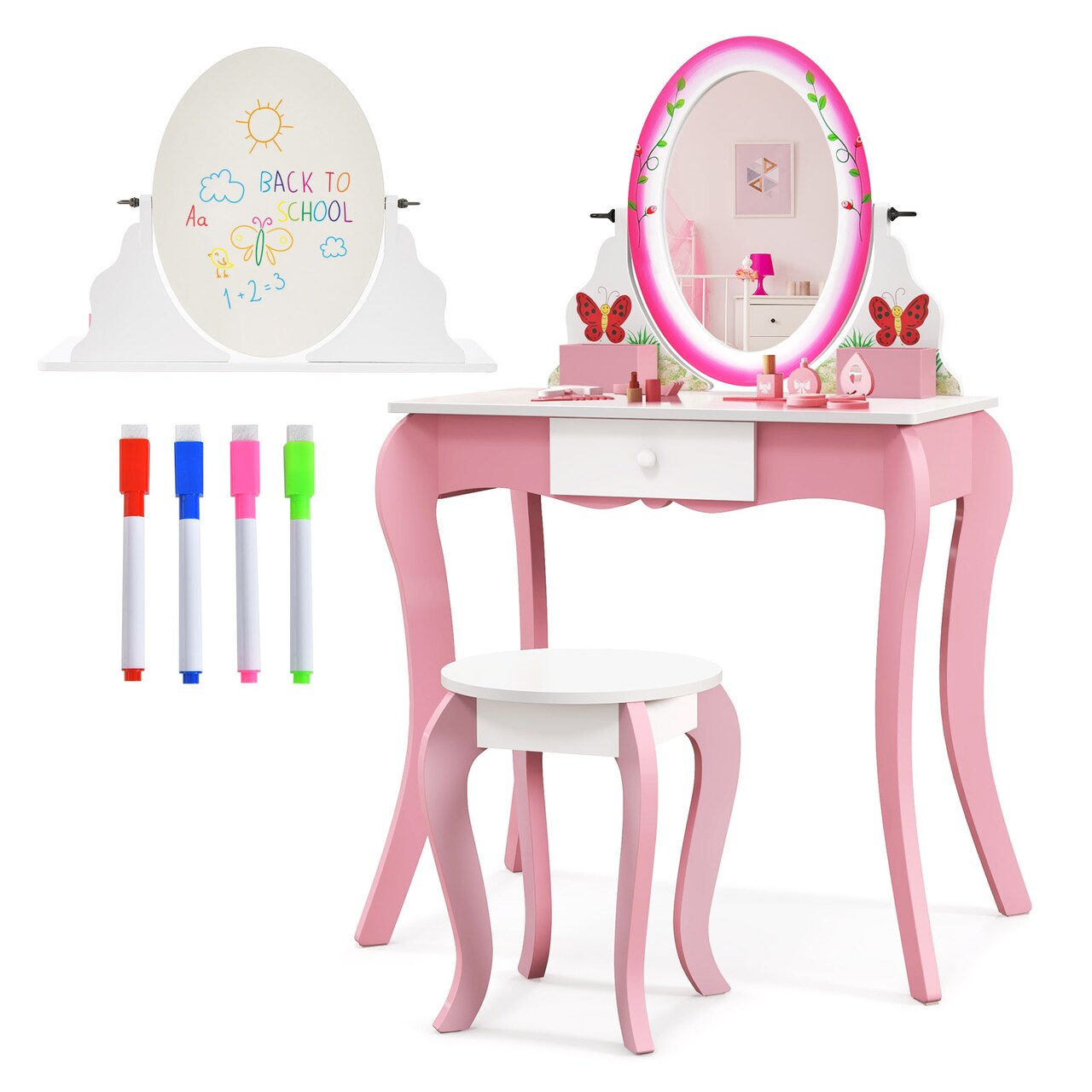 Girls Dressing Table and Stool Set with Rotating Mirror Storage Drawer White Pink